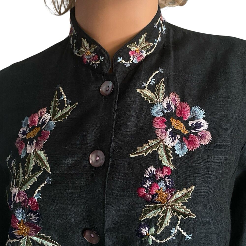 Vtg Embroidered Floral Jacket Blazer Silk Blend M Women’s Banded Collar Black - Picture 9 of 16